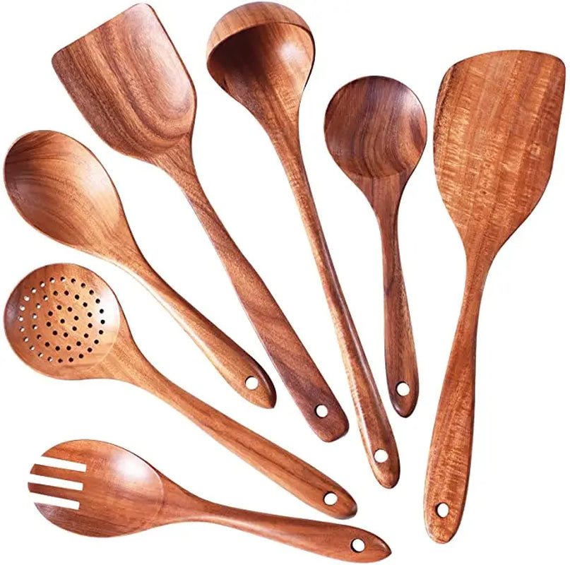 1-9Pcs/Set Wooden Kitchen Utensils Set, Wooden Spoons for Cooking, Utensils,Natural Teak Wooden Spoons for Non-Stick Pan Gift