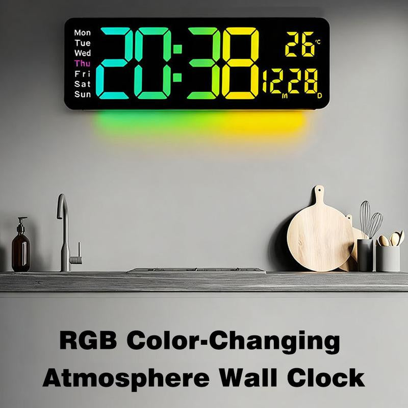 16.5" Large Digital Wall Clock with BT Sync, RGB Lights with 11 Scenes Mode Remote Control, Dual Alarms with Big LED Display, Auto DST, Temperature for Classroom Gaming