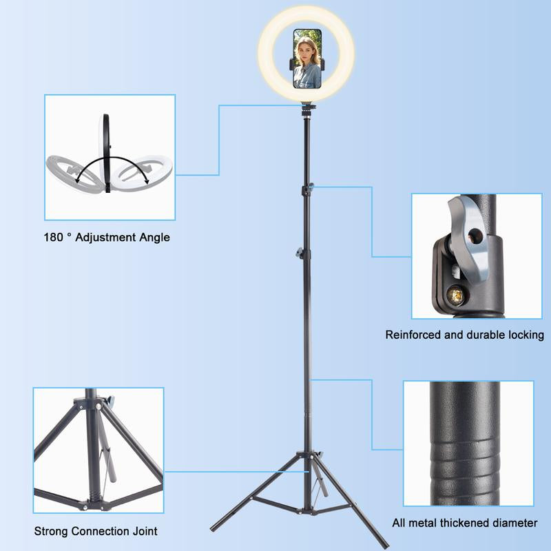 10-Inch Selfie Video Lighting with Extra-Tall 71-Inch Tripod, Adjustable LED Desktop Lighting – Perfect for Makeup, Photography, Live Streaming on Youtube & Tiktok Video Recording#New Years