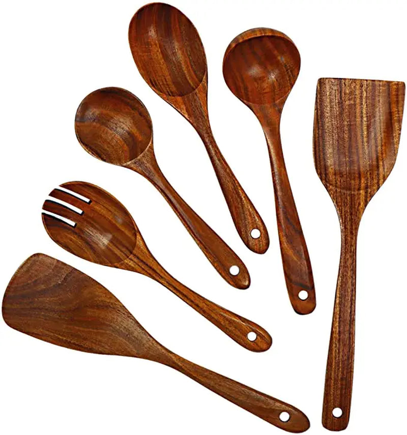 1-9Pcs/Set Wooden Kitchen Utensils Set, Wooden Spoons for Cooking, Utensils,Natural Teak Wooden Spoons for Non-Stick Pan Gift
