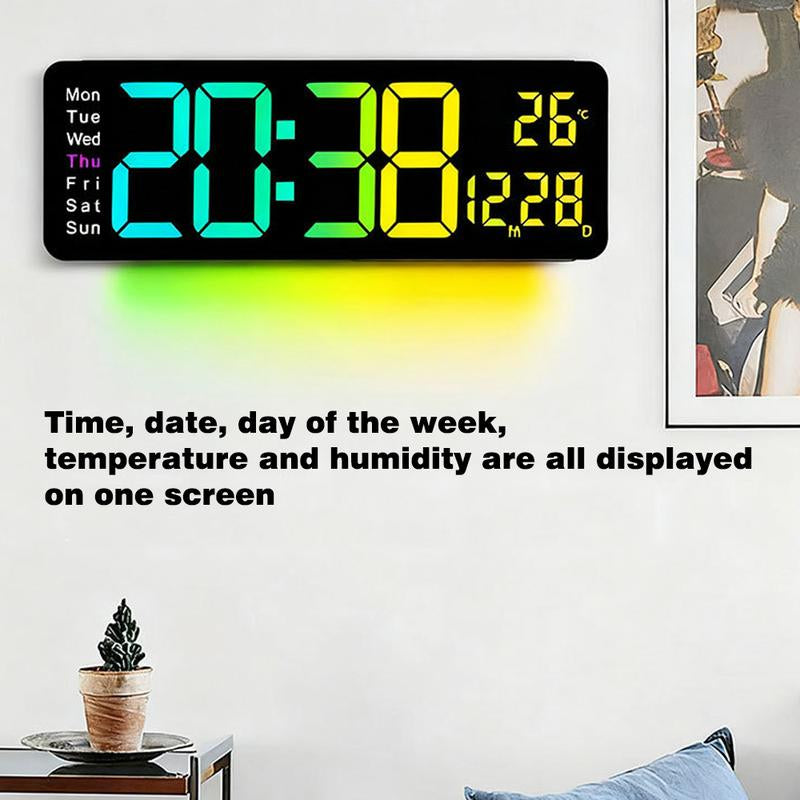 16.5" Large Digital Wall Clock with BT Sync, RGB Lights with 11 Scenes Mode Remote Control, Dual Alarms with Big LED Display, Auto DST, Temperature for Classroom Gaming
