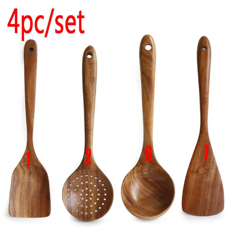 1-9Pcs/Set Wooden Kitchen Utensils Set, Wooden Spoons for Cooking, Utensils,Natural Teak Wooden Spoons for Non-Stick Pan Gift
