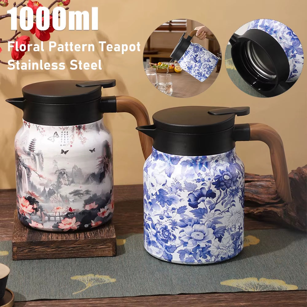 1000Ml Vintage Floral Tea Thermos Stainless Steel Tea Kettle Drip-Proof Tea Pot with Tea Infuser Mini Thermo Coffee Pot