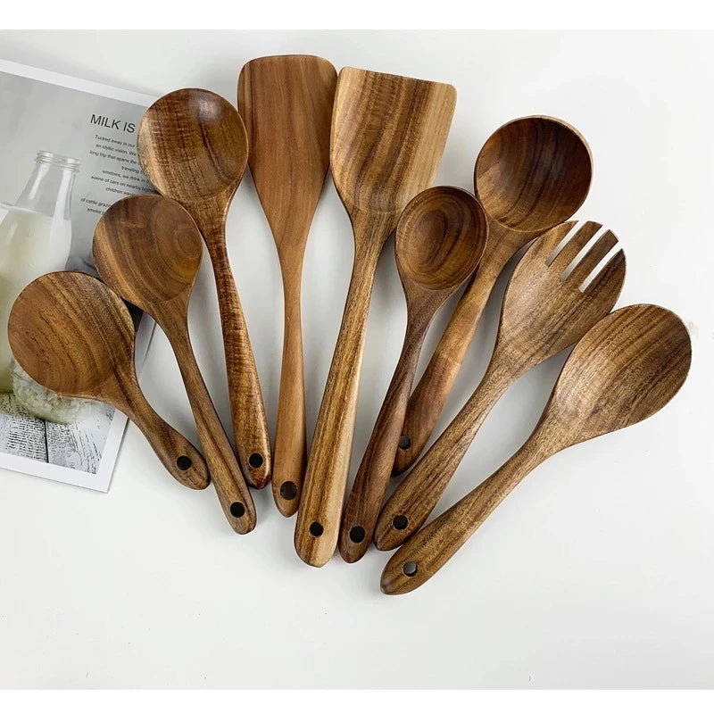 1-9Pcs/Set Wooden Kitchen Utensils Set, Wooden Spoons for Cooking, Utensils,Natural Teak Wooden Spoons for Non-Stick Pan Gift