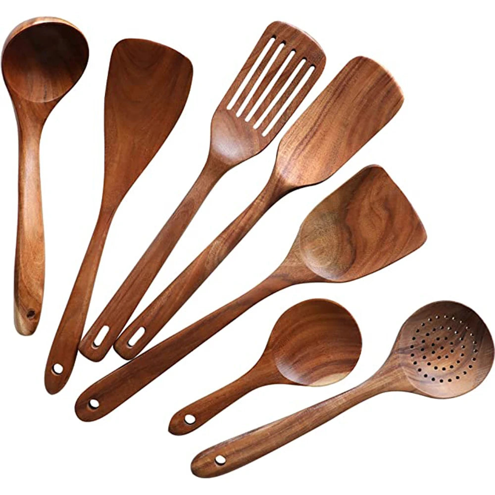 1-9Pcs/Set Wooden Kitchen Utensils Set, Wooden Spoons for Cooking, Utensils,Natural Teak Wooden Spoons for Non-Stick Pan Gift