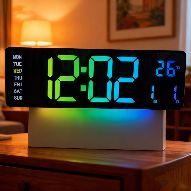16.5" Large Digital Wall Clock with BT Sync, RGB Lights with 11 Scenes Mode Remote Control, Dual Alarms with Big LED Display, Auto DST, Temperature for Classroom Gaming