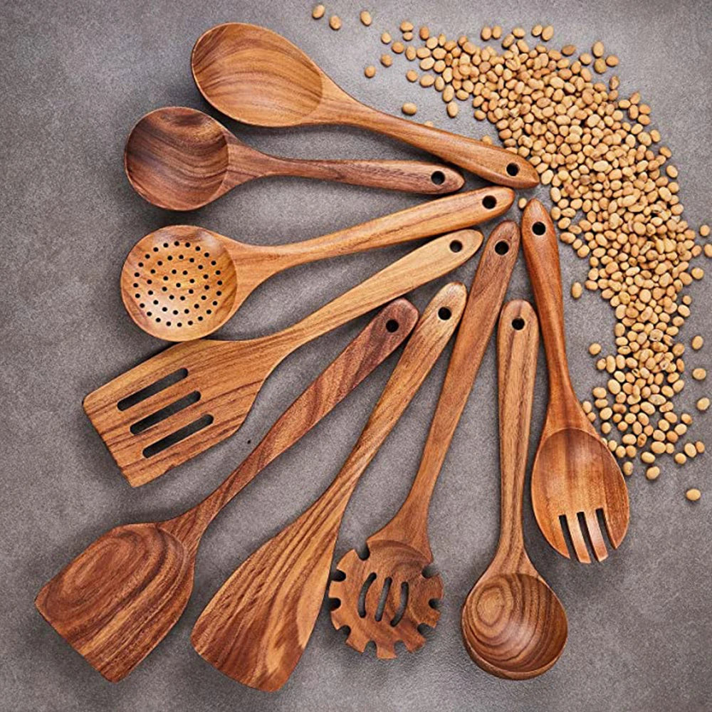 1-9Pcs/Set Wooden Kitchen Utensils Set, Wooden Spoons for Cooking, Utensils,Natural Teak Wooden Spoons for Non-Stick Pan Gift