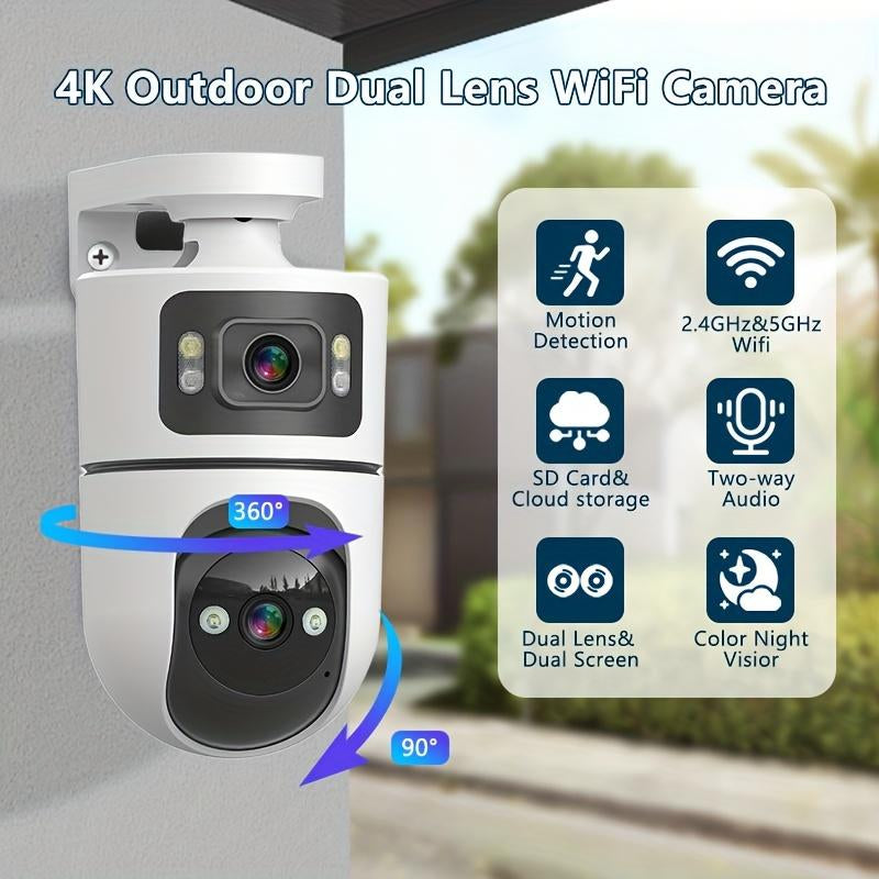 1Pc 4K Outdoor Dual Lens Wifi Security Camera with Motion Detection Two-Way Audio 3-Night Vision SDHC SDXC Card Support USB Powered for Home Surveillance Dualscreen Display Highresolution Recording Monitoring