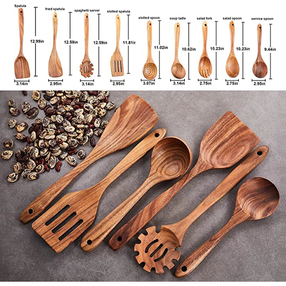 1-9Pcs/Set Wooden Kitchen Utensils Set, Wooden Spoons for Cooking, Utensils,Natural Teak Wooden Spoons for Non-Stick Pan Gift