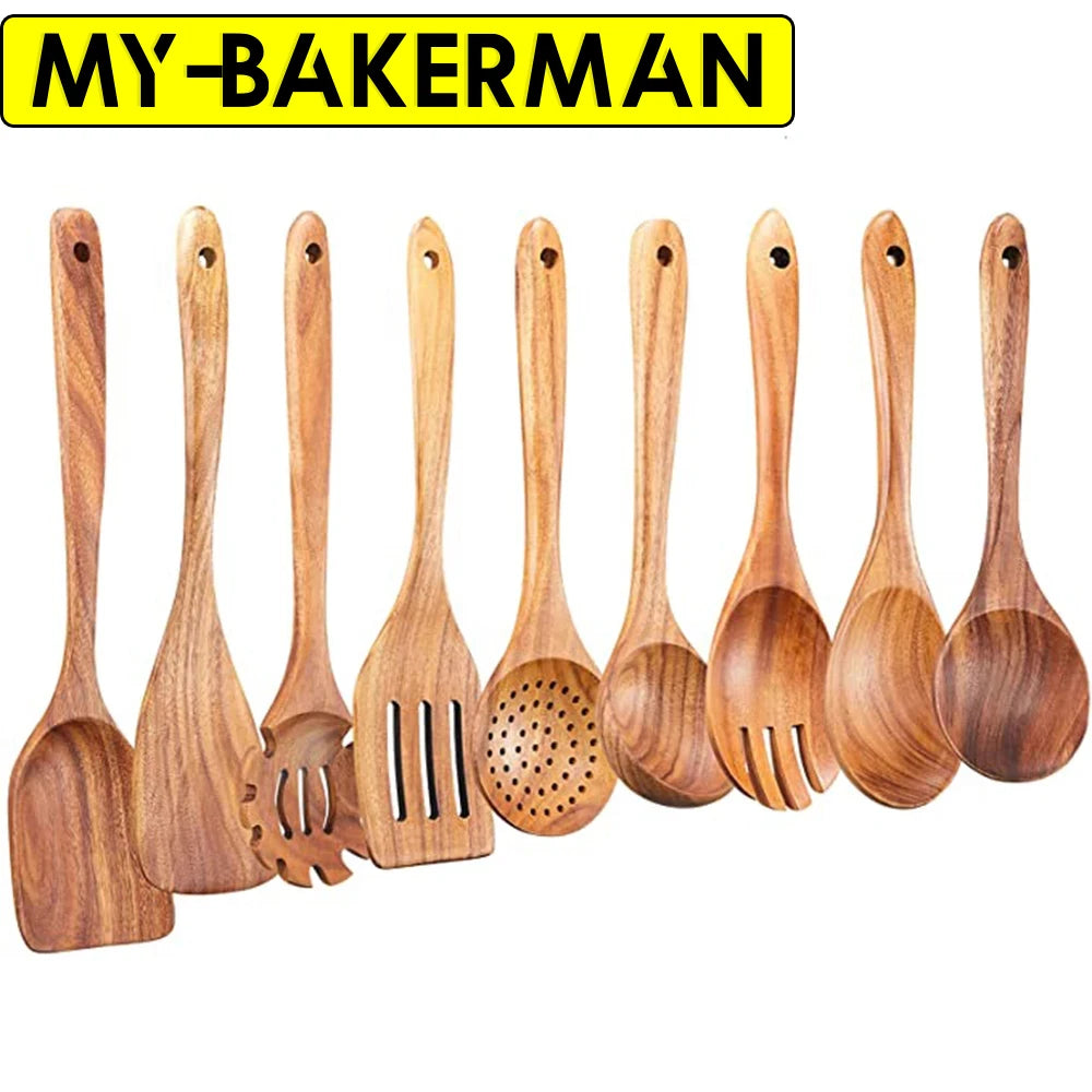1-9Pcs/Set Wooden Kitchen Utensils Set, Wooden Spoons for Cooking, Utensils,Natural Teak Wooden Spoons for Non-Stick Pan Gift