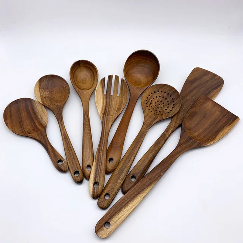 1-9Pcs/Set Wooden Kitchen Utensils Set, Wooden Spoons for Cooking, Utensils,Natural Teak Wooden Spoons for Non-Stick Pan Gift