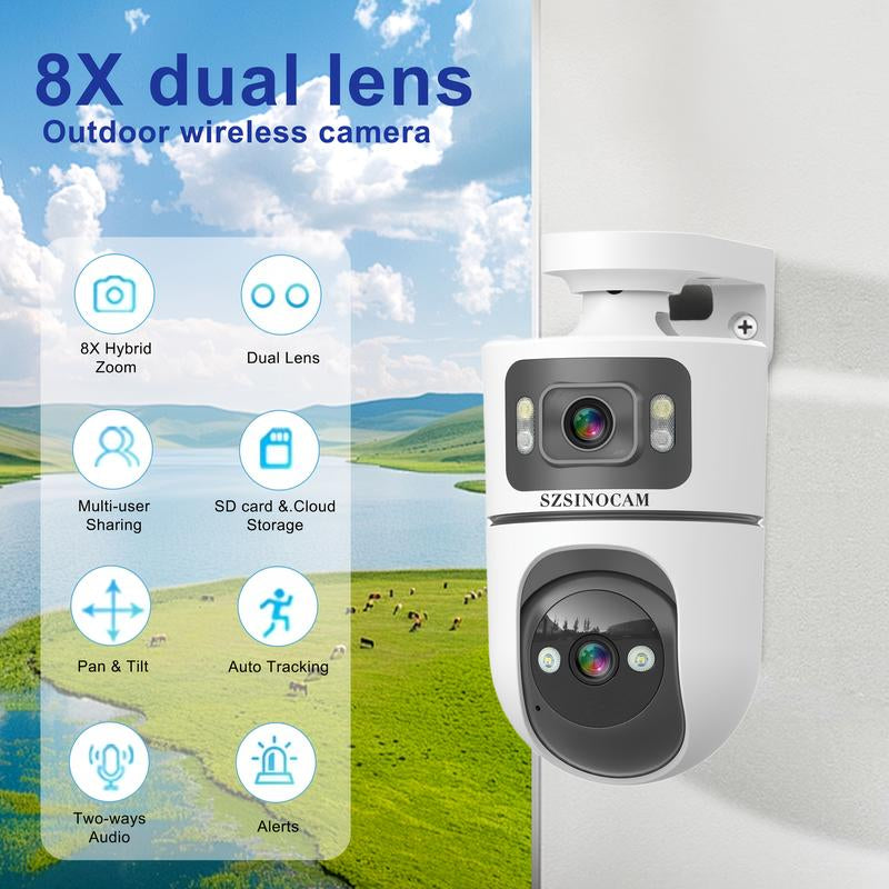 1Pc 4K Outdoor Dual Lens Wifi Security Camera with Motion Detection Two-Way Audio 3-Night Vision SDHC SDXC Card Support USB Powered for Home Surveillance Dualscreen Display Highresolution Recording Monitoring