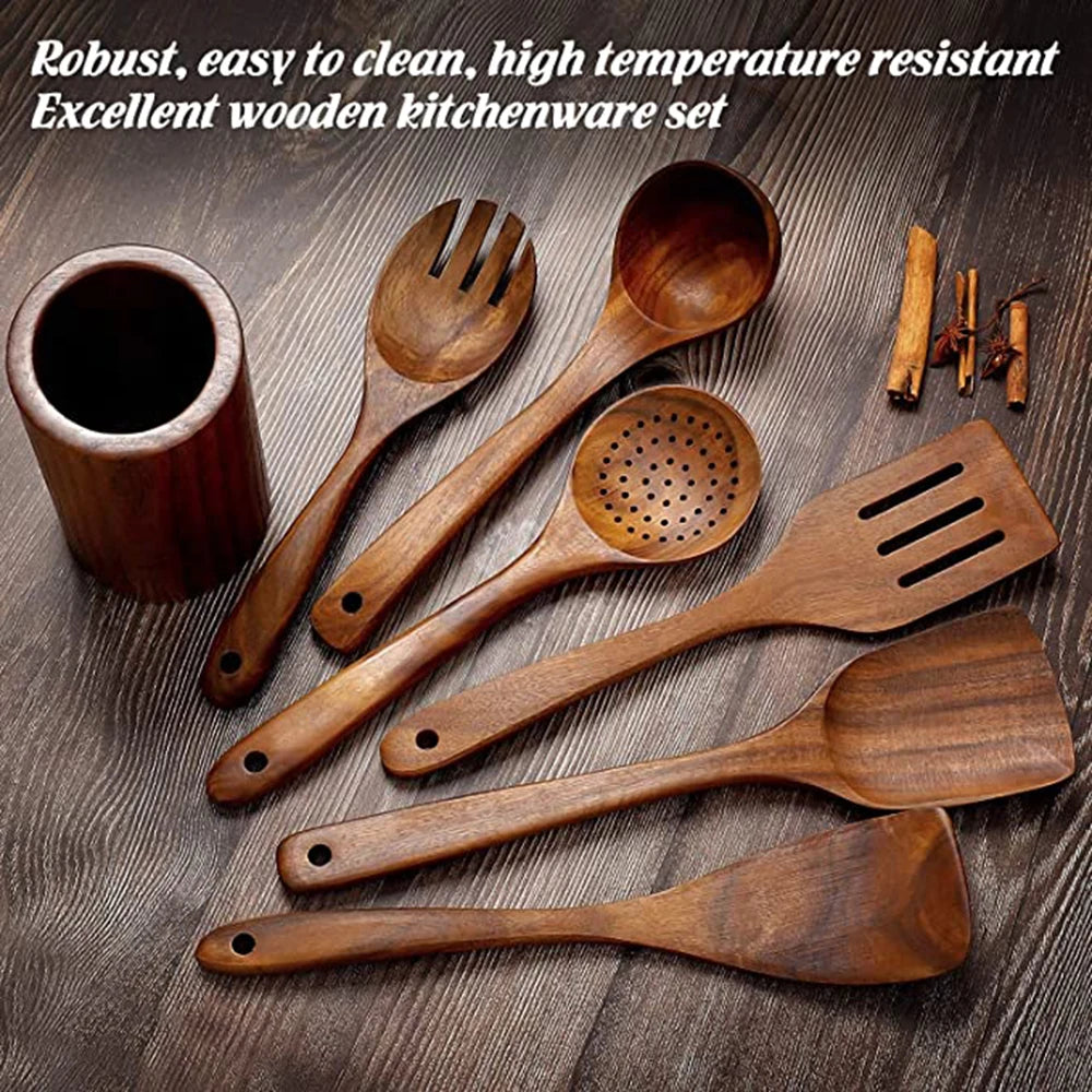 1-9Pcs/Set Wooden Kitchen Utensils Set, Wooden Spoons for Cooking, Utensils,Natural Teak Wooden Spoons for Non-Stick Pan Gift